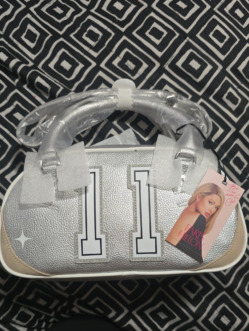 Paris Hilton Silver Metallic Mini Satchel with White & Cream Accents